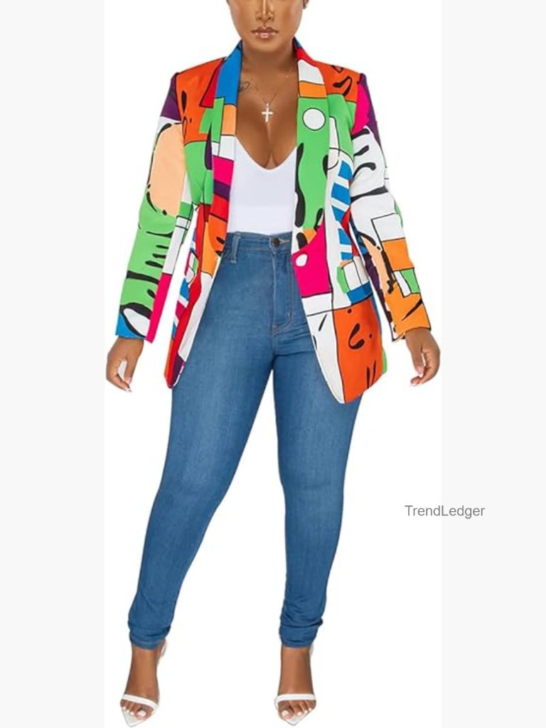 Graphic Print Blazer Button Open Front Long Sleeve Casual Jacket